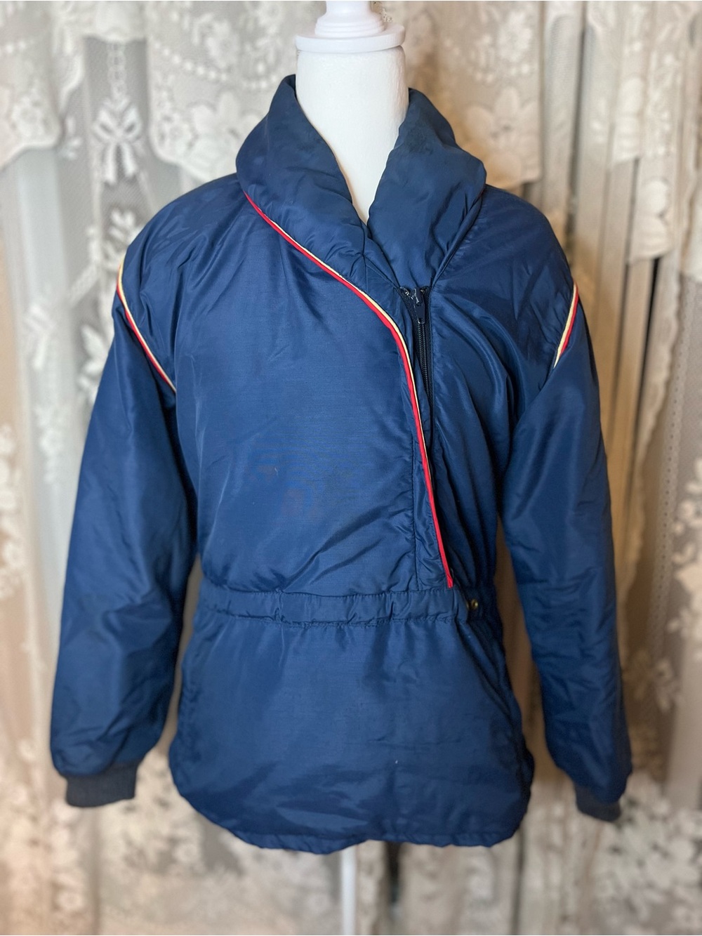 VINTAGE Eddie Bauer Navy Ski Jacket with Red and Cream Piping